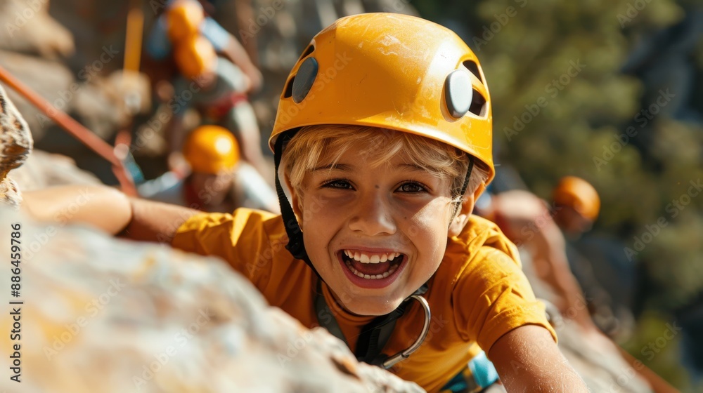 A happy child with a big smile is in the middle of a rock climbing adventure, showcasing thrill, courage, and the excitement of outdoor physical activity in a nature setting. A happy child with a big smile is in the middle of a rock climbing adventure, showcasing thrill, courage, and the excitement of outdoor physical activity in a nature setting.