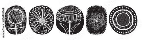 Flowers linocut style cliparts illustration