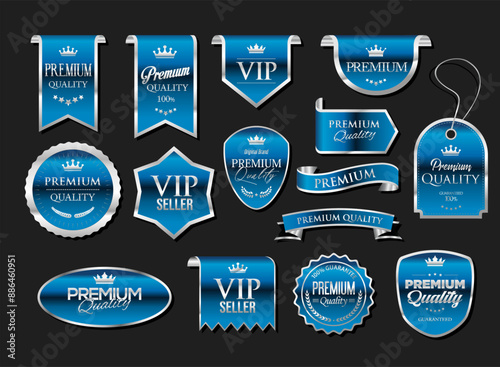 Silver and blue luxury labels and badges gold premium quality certificate ribbons vector illustration 