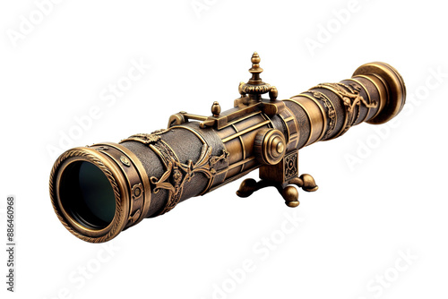 An Ornate Brass Telescope Awaits a Voyage of Discovery on a White or Clear Surface PNG Transparent Background