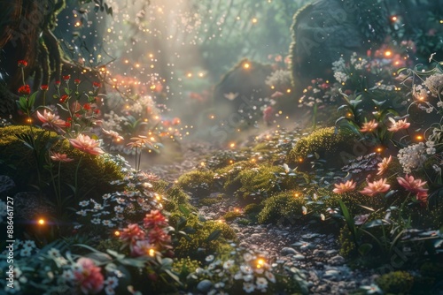 An empty stage in a magical fairy glen, with a carpet of soft moss, flowers glowing in the twilight, and tiny fairy lights fluttering around. 