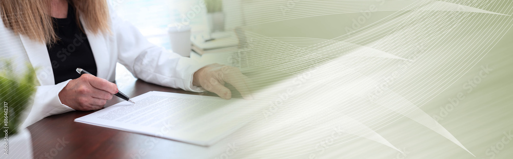 Businesswoman reading and checking document (lorem ipsum text used); panoramic banner Businesswoman reading and checking document (lorem ipsum text used); panoramic banner