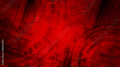 Bright red grunge hi-tech futuristic background with HUD gears design. Geometric abstract vector illustration