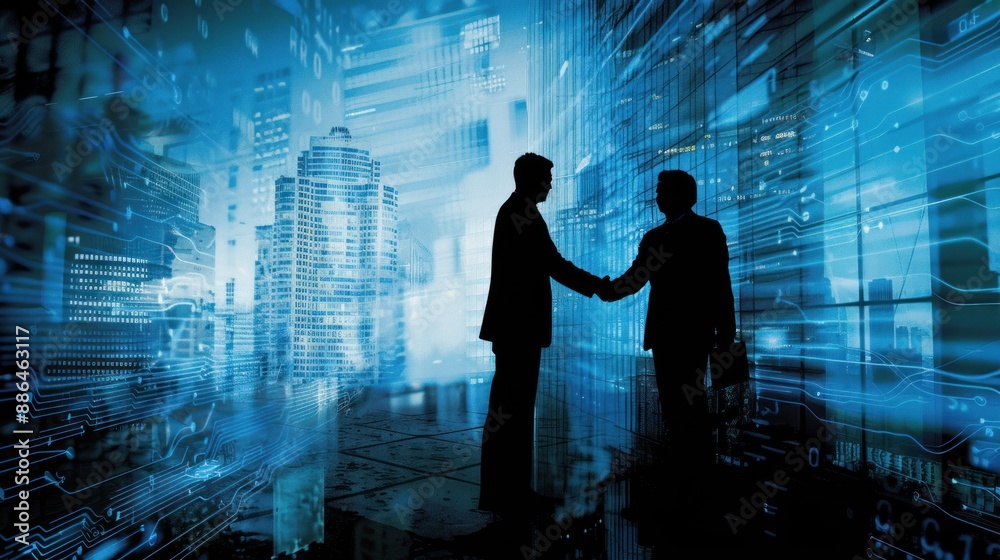 Business partnership, handshake of two silhouettes against city skyline and digital network background Business partnership, handshake of two silhouettes against city skyline and digital network background