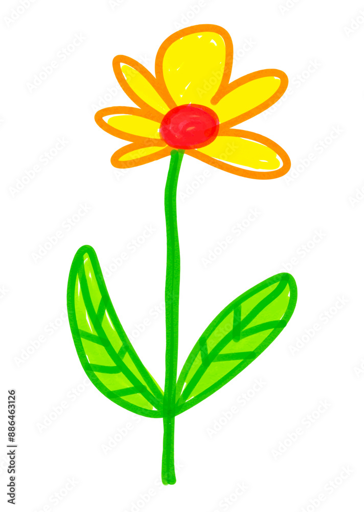Felt pen hand drawn vector illustration of child drawing of flower with leaves Felt pen hand drawn vector illustration of child drawing of flower with leaves