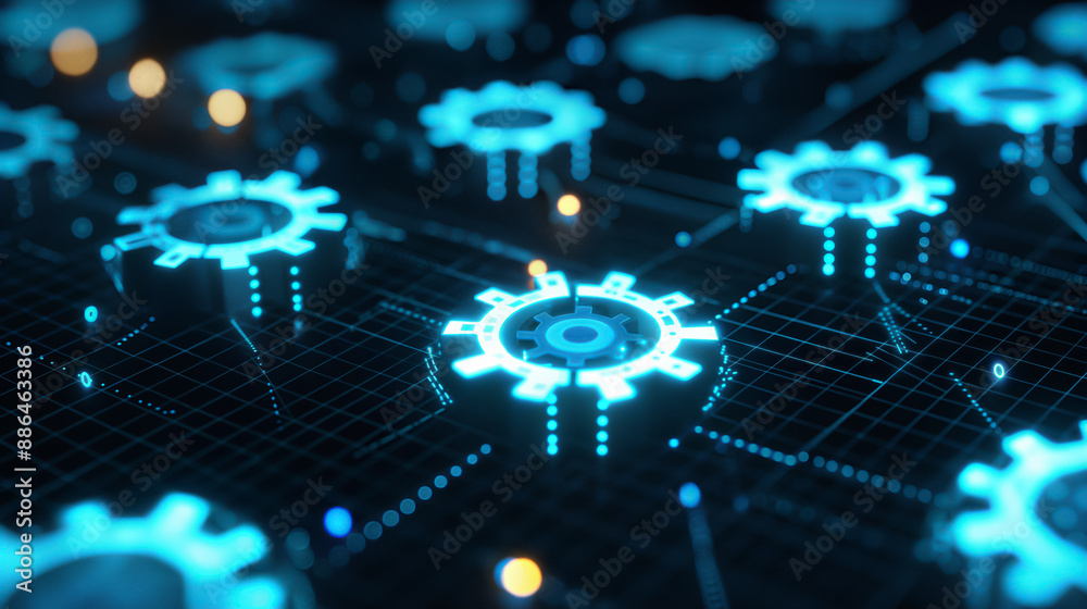 Glowing blue gears on digital grid. Configuration and settings concept with copy space.