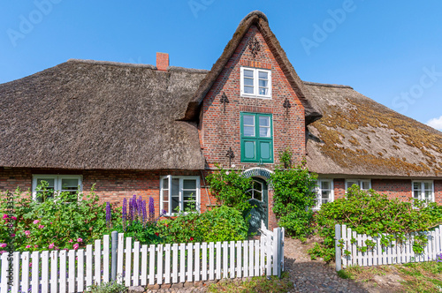 Traditionelles Friesenhaus mit Backsteinfassade, Reetdach und Vorgarten auf der Nordseeinsel Föhr