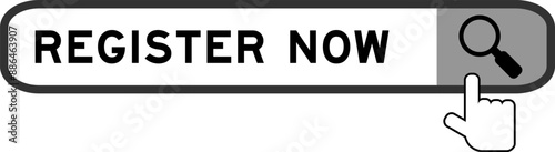 Search banner in word registration now with hand over magnifier icon on white background