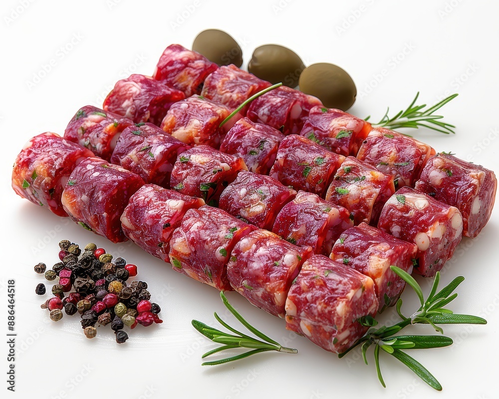 Fresh Raw Sausages in a Uniform Row on White Background Fresh Raw Sausages in a Uniform Row on White Background