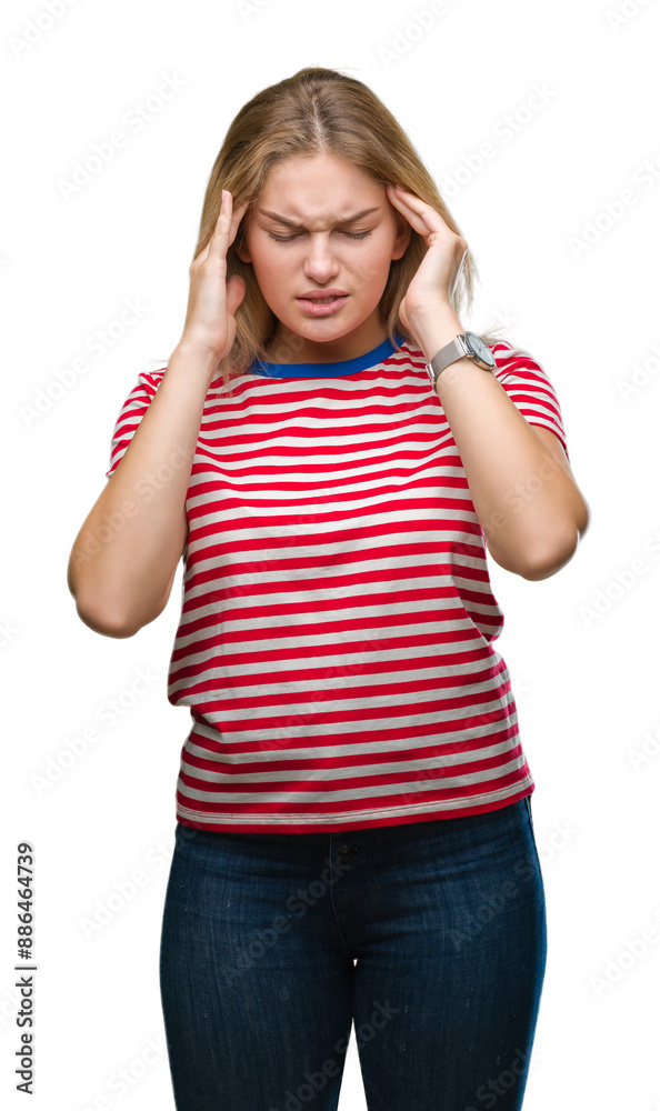Young caucasian woman over isolated background with hand on head for pain in head because stress. Suffering migraine. Young caucasian woman over isolated background with hand on head for pain in head because stress. Suffering migraine.