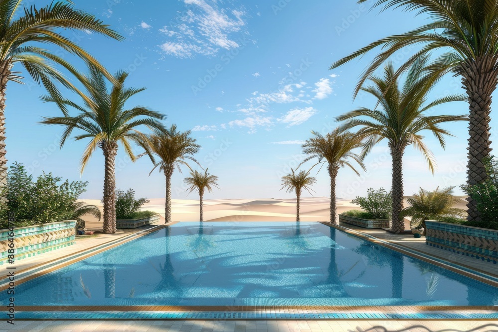 Obraz premium An empty stage in a mystical desert oasis, with palm trees, a sparkling blue pool, and a golden sand floor under a bright, clear sky. 