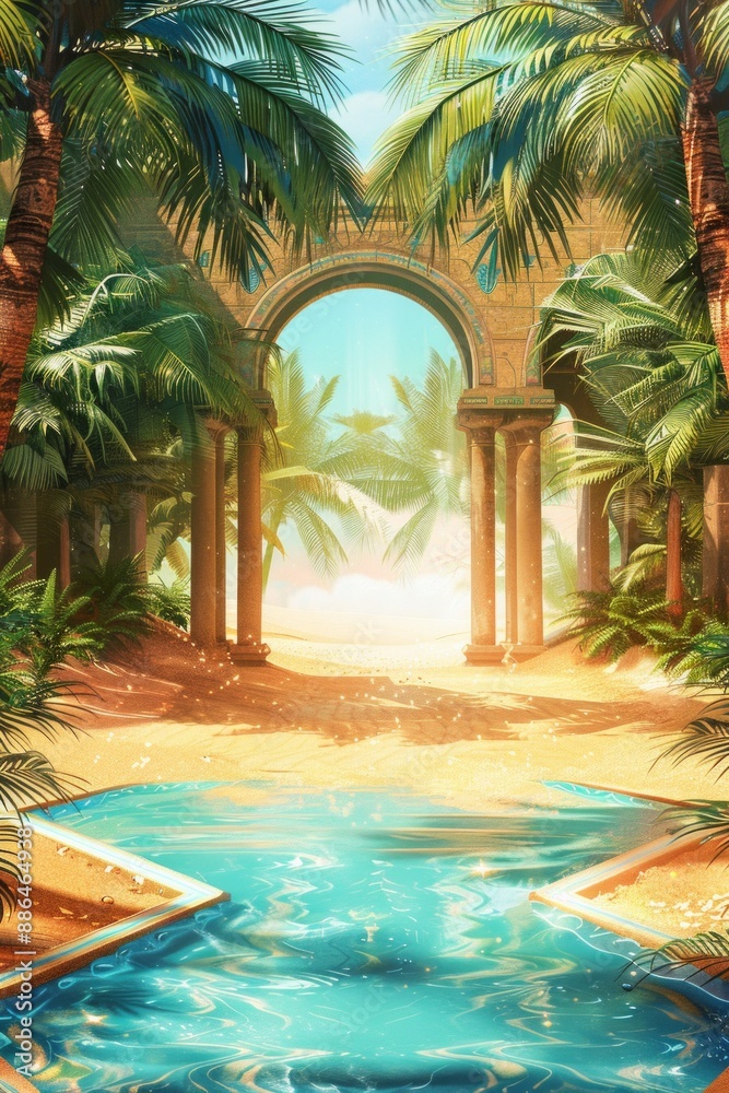 Fototapeta premium An empty stage in a mystical desert oasis, with palm trees, a sparkling blue pool, and a golden sand floor under a bright, clear sky. 