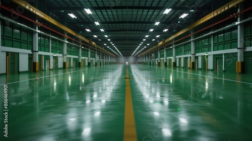 Empty Industrial Warehouse Building Interior with Green Floor and Fluorescent Lights, Modern Factory Space, Production Facility, Manufacturing, Distribution Center, Logistics, Storage, Workshop