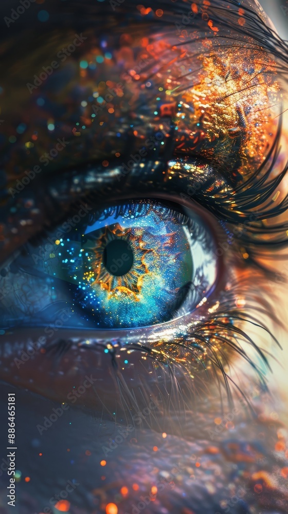 Close-up of a vibrant blue eye with orange and gold glitter makeup, embodying creativity, expression, and beauty. Ideal for artistic projects. Close-up of a vibrant blue eye with orange and gold glitter makeup, embodying creativity, expression, and beauty. Ideal for artistic projects.