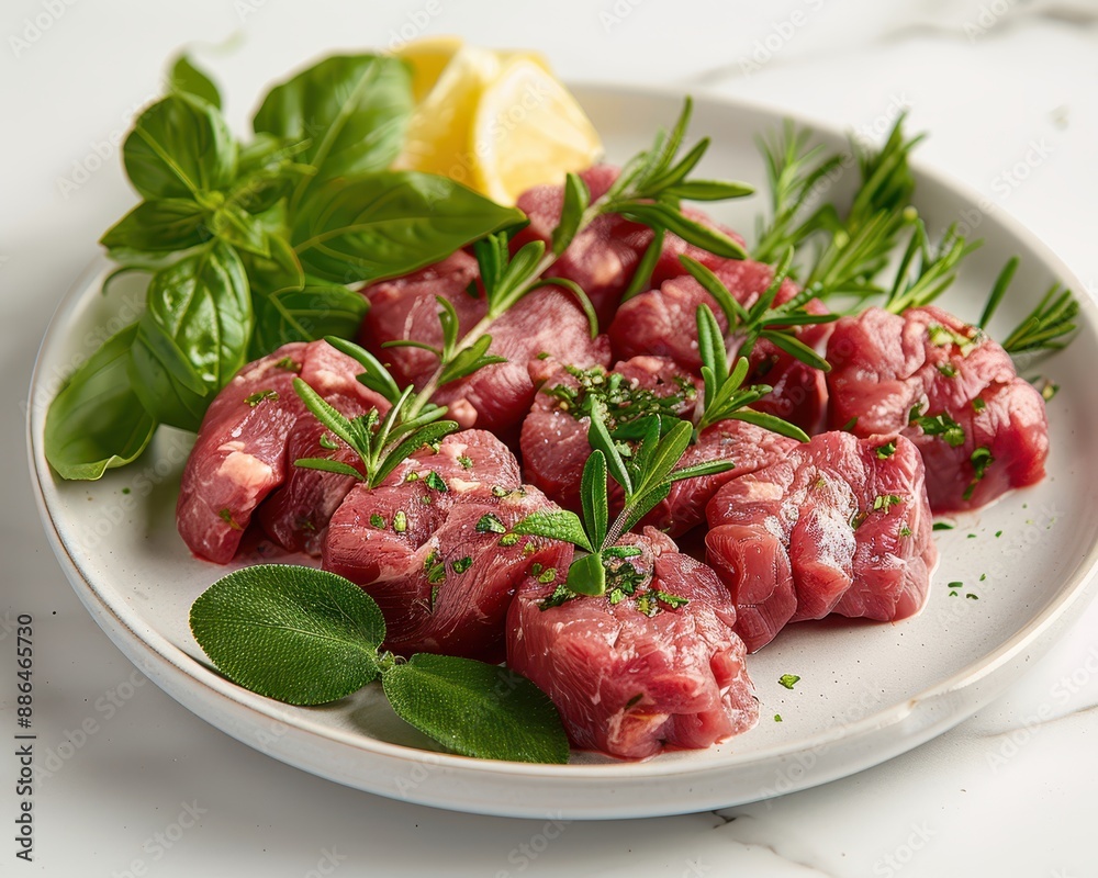Succulent Raw Rabbit Meat showcasing Delicate Texture and Color on White Background Succulent Raw Rabbit Meat showcasing Delicate Texture and Color on White Background