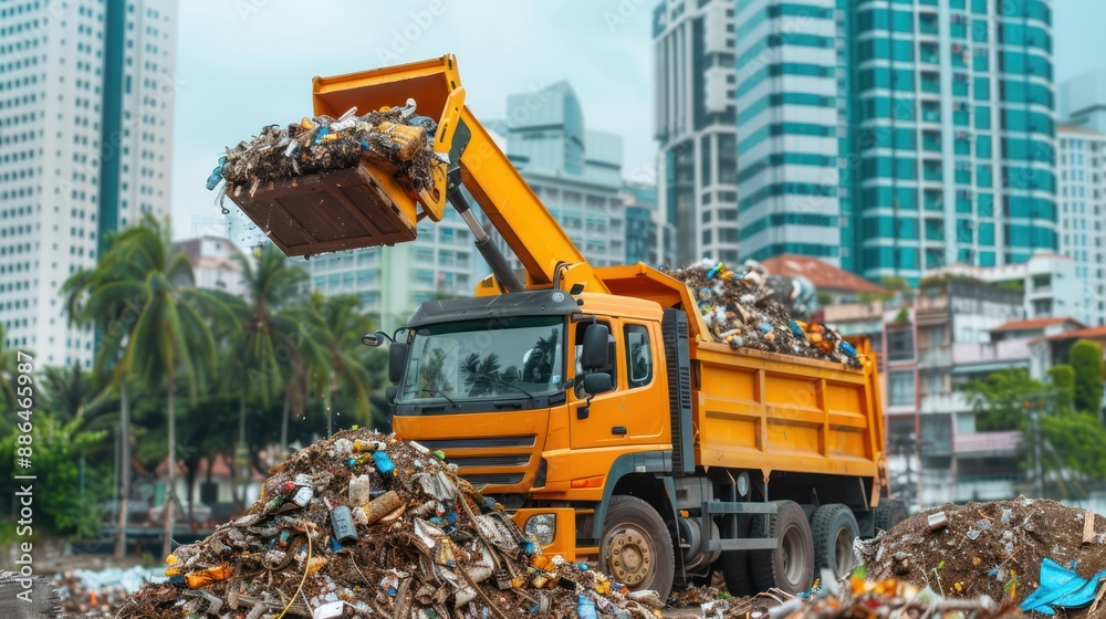 Yellow Dump Truck Picking Up Garbage in City, Waste Management, Recycling, Urban Environment, Sanitation, Garbage Collection, Cityscape, Dumpster, Trash, Refuse, Disposal, Environmental Yellow Dump Truck Picking Up Garbage in City, Waste Management, Recycling, Urban Environment, Sanitation, Garbage Collection, Cityscape, Dumpster, Trash, Refuse, Disposal, Environmental