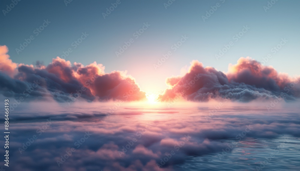 Obraz premium Stunning Sunset Sky Above Clouds, Aerial View of Cloudscape, Dramatic Golden Hour, Atmospheric Scene, Beautiful Nature Photography, Cloud Formation, Golden Light, Sky, Clouds, Sun, Nature, Sunset