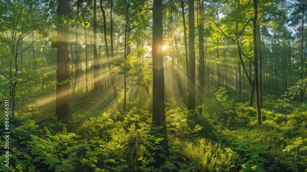 Fototapeta premium Sunlight Rays in a Green Forest