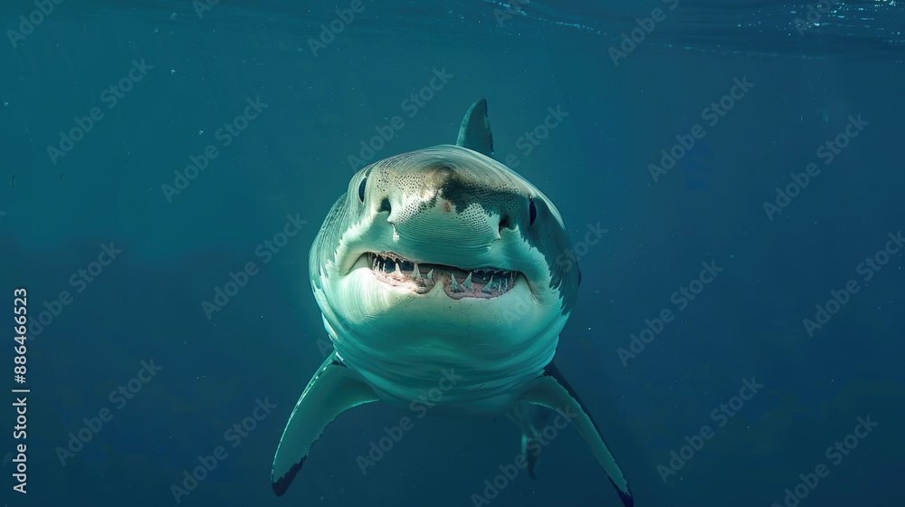 Fototapeta premium A shark in the depths of the ocean. An open dangerous mouth with many teeth. The waves of the blue sea, clear water.