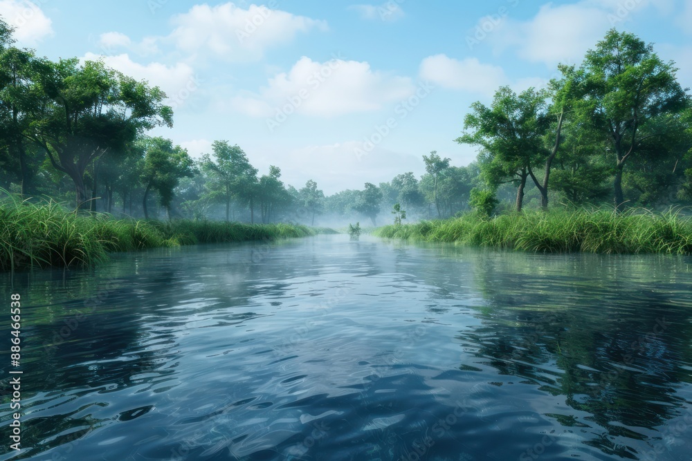 Tranquil River Scene with Mist and Trees, Nature Photography, Landscape, Water, Forest, Serenity, Peaceful, Outdoor, Scenery, Green, Blue, Sky, Clouds, Reflection, Calm, Tranquility, Nature Tranquil River Scene with Mist and Trees, Nature Photography, Landscape, Water, Forest, Serenity, Peaceful, Outdoor, Scenery, Green, Blue, Sky, Clouds, Reflection, Calm, Tranquility, Nature
