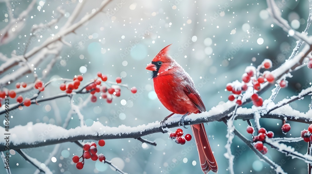 bird on a frosty tree branch with snow red berries in winter, Holiday and Christmas web banner with space bird on a frosty tree branch with snow red berries in winter, Holiday and Christmas web banner with space