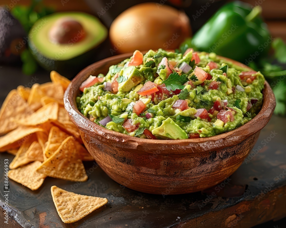 Freshly Made Guacamole and Tortilla Chips on Wooden Table Still Life - Gastronomic Delight Concept