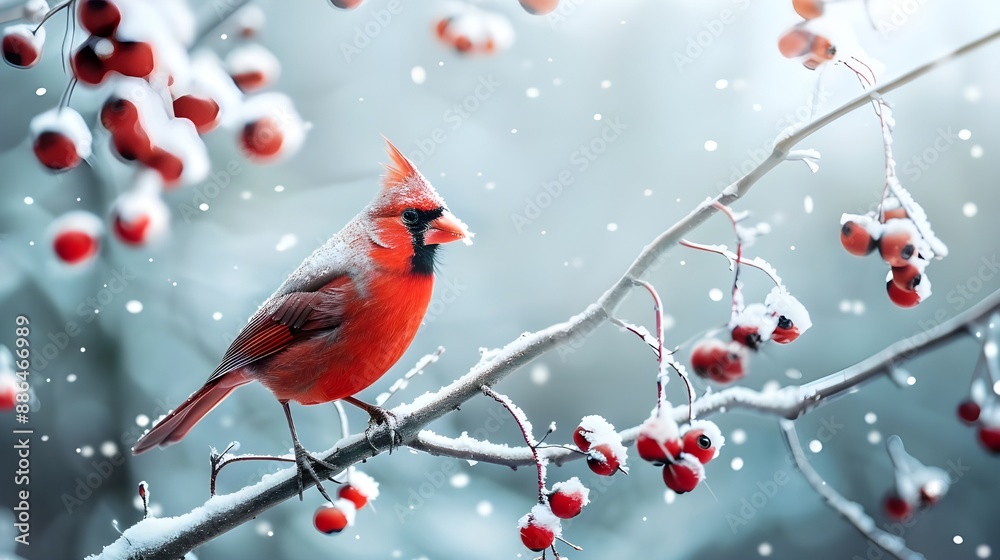 bird on a frosty tree branch with snow red berries in winter, Holiday and Christmas web banner with space