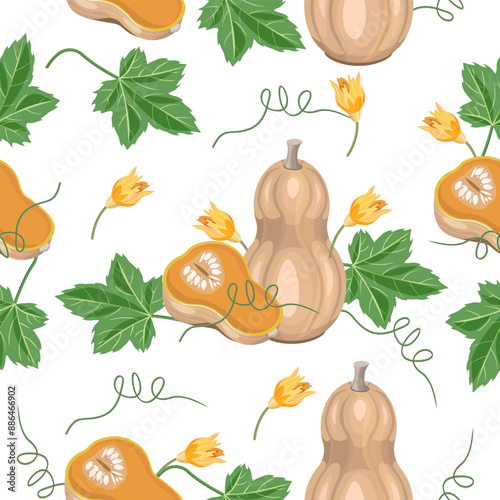 МSeamless autumn pattern of pumpkin,flowers,leaves on a white background.Vector pattern for autumn designs, textiles.обильное устройство