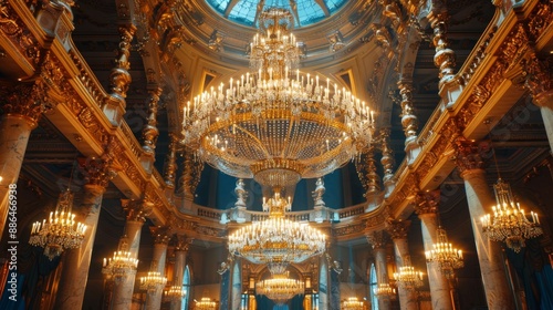 opulent chandeliers adorn the grand entrance hall, reflecting a lavish maximalist interior design aesthetic