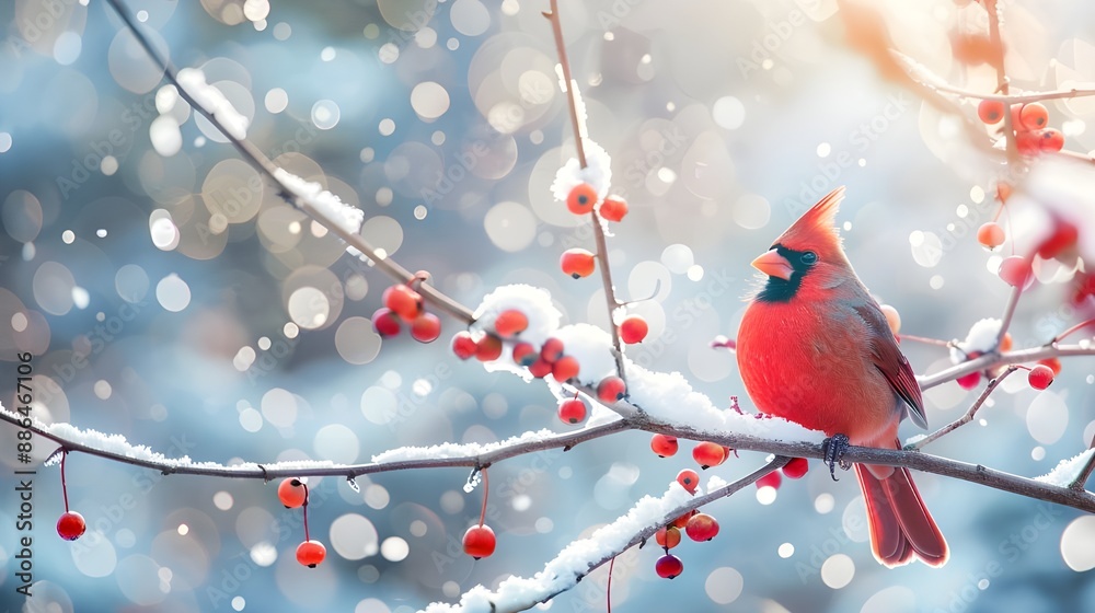 bird on a frosty tree branch with snow red berries in winter, Holiday and Christmas web banner with space bird on a frosty tree branch with snow red berries in winter, Holiday and Christmas web banner with space