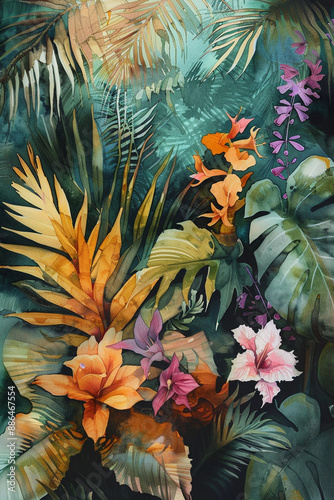 Vertical tropical background with hibiscus flowers in jungle forest, illustration in watercolor style
