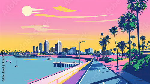 Risograph riso print travel poster, card, wallpaper or banner illustration, modern, isolated, clear, simple of San Diego, California, USA. Artistic, screen printing, graphic design