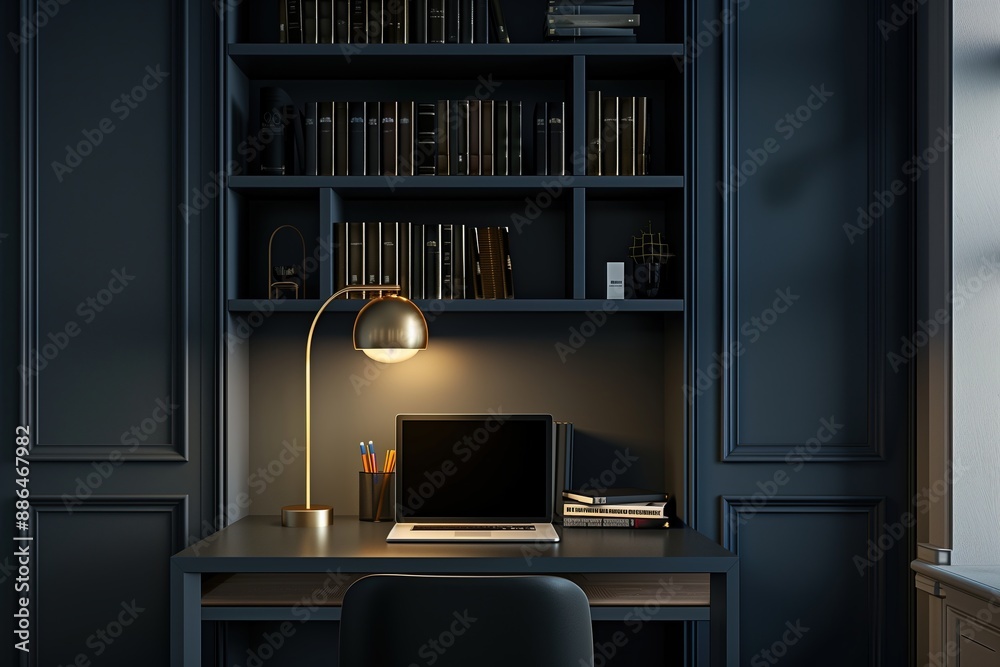 Fototapeta premium modern home office with laptop and bookshelves in the background, golden lamp on desk, grey blue color scheme