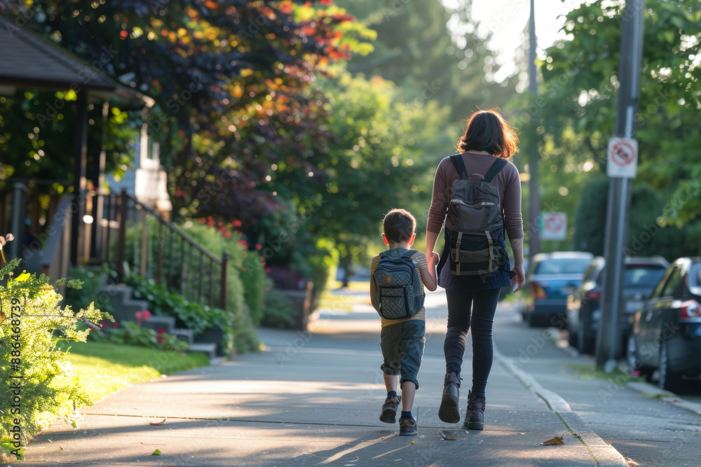 Mother and son are holding hands and walking down a sidewalk in their neighborhood after school Mother and son are holding hands and walking down a sidewalk in their neighborhood after school
