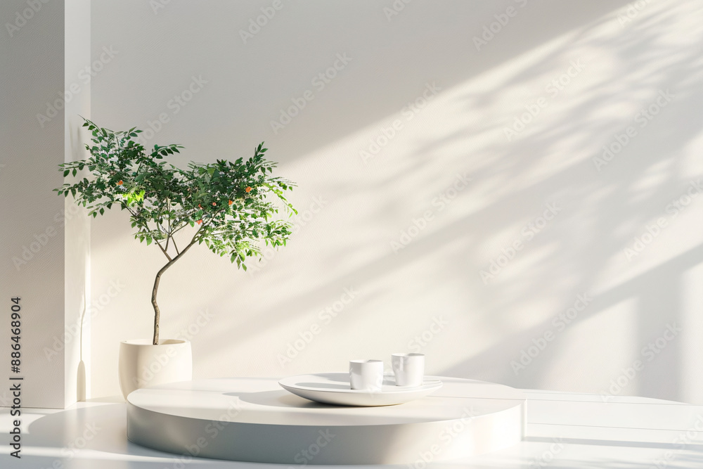 a white round table with a plant on it a white round table with a plant on it