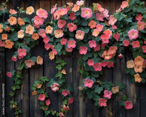 Blooming Beauty: Vibrant Rangoon Creeper Vine Adorning Wooden Gate