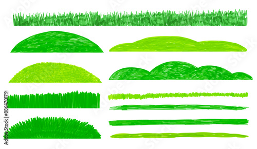 Vector illustration set of childlike drawings of grass, lawn and meadows