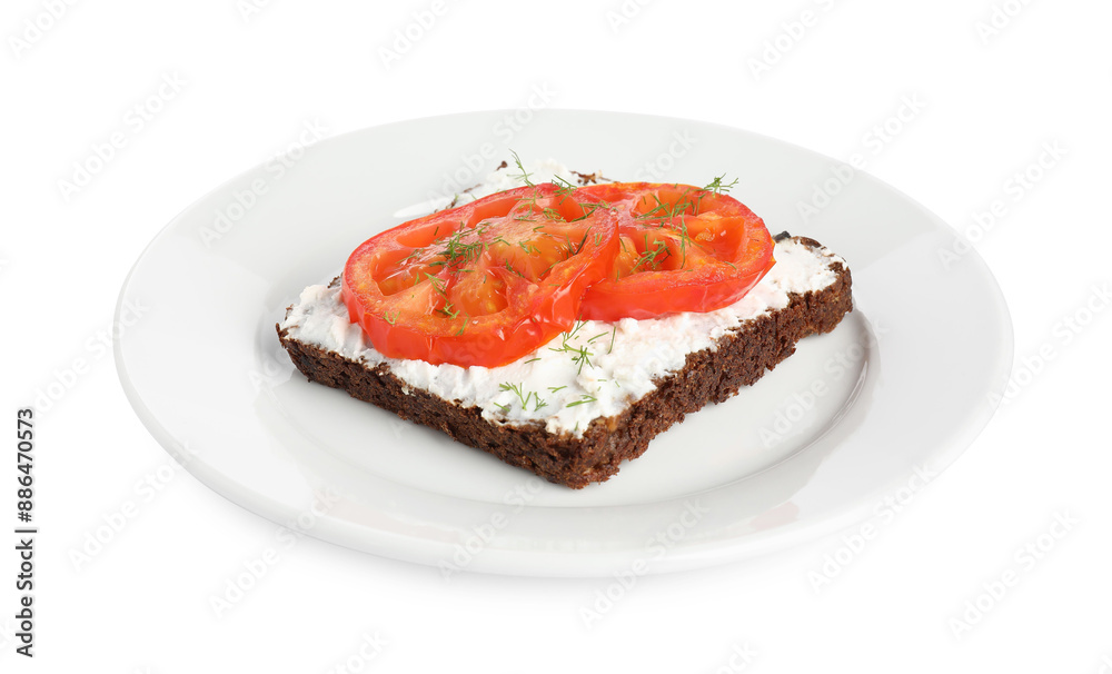 Delicious ricotta bruschetta with sliced tomatoes and dill isolated on white Delicious ricotta bruschetta with sliced tomatoes and dill isolated on white