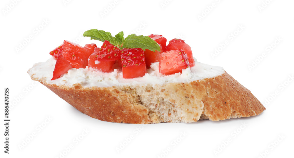 Delicious ricotta bruschetta with strawberry and mint isolated on white Delicious ricotta bruschetta with strawberry and mint isolated on white