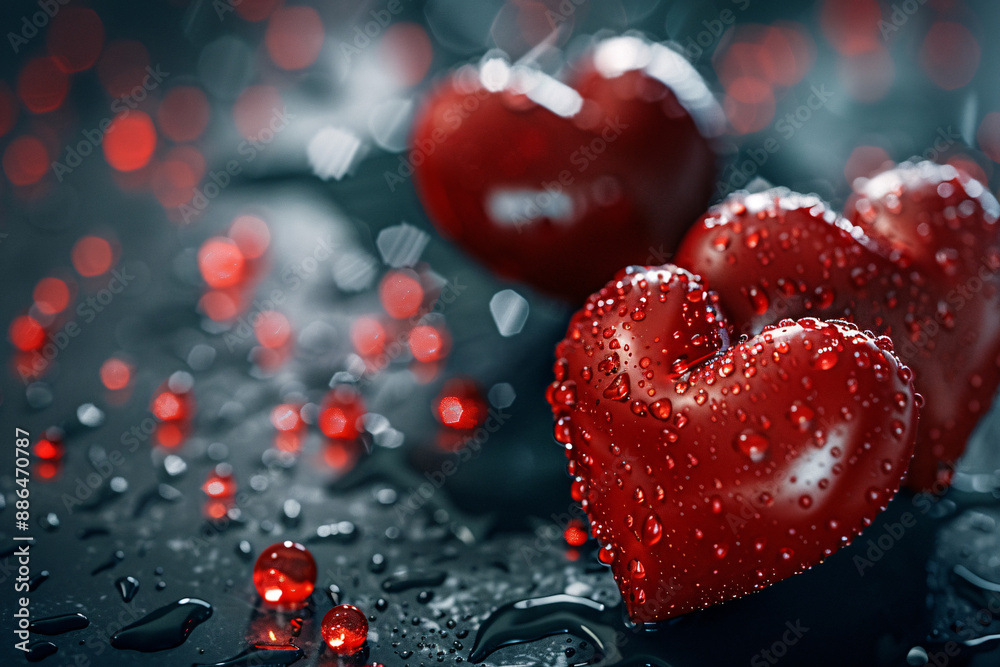 two red hearts with water drops