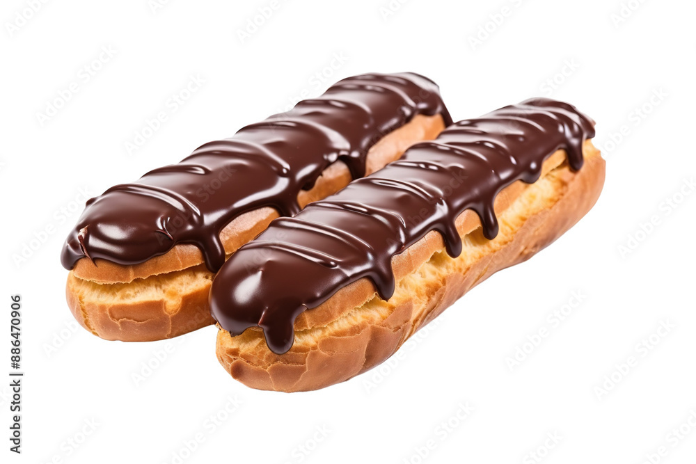 Two Chocolate-Covered Eclairs on a White Background on a White or Clear Surface PNG Transparent Background Two Chocolate-Covered Eclairs on a White Background on a White or Clear Surface PNG Transparent Background