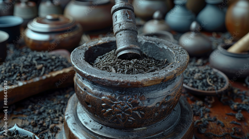 A wooden bowl with a metal handle is filled with black tea leaves A wooden bowl with a metal handle is filled with black tea leaves