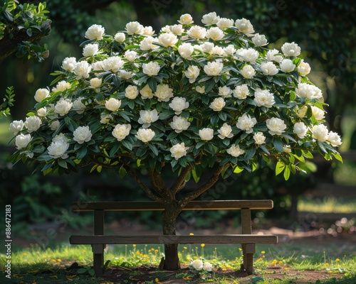 Tranquil Still Life of Mimusops Elengi Tree with Fragrant White Flowers by Garden Bench photo