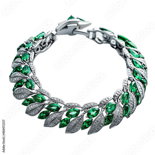 Elegant silver bracelet with green gemstones and intricate leaf designs, perfect for formal occasions and as a statement jewelry piece.
