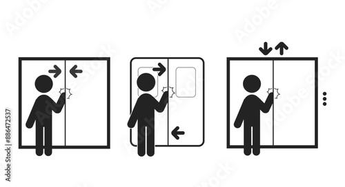 Bundle set pictogram sign hand pinch risk on closing door, for lift, elevator, bus, train, gate, door label