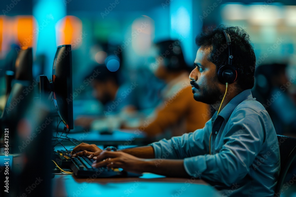 Information technology photography with Indian tech worker and computers in out of focus background Generative Ai Information technology photography with Indian tech worker and computers in out of focus background Generative Ai