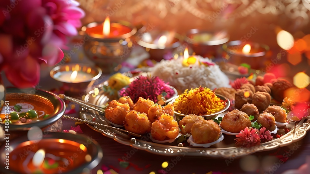 Fototapeta premium Vibrant Diwali Thali Feast with Fragrant Basmati Rice Crispy Vegetable Pakoras and Syrupy Rasgulla Sweets