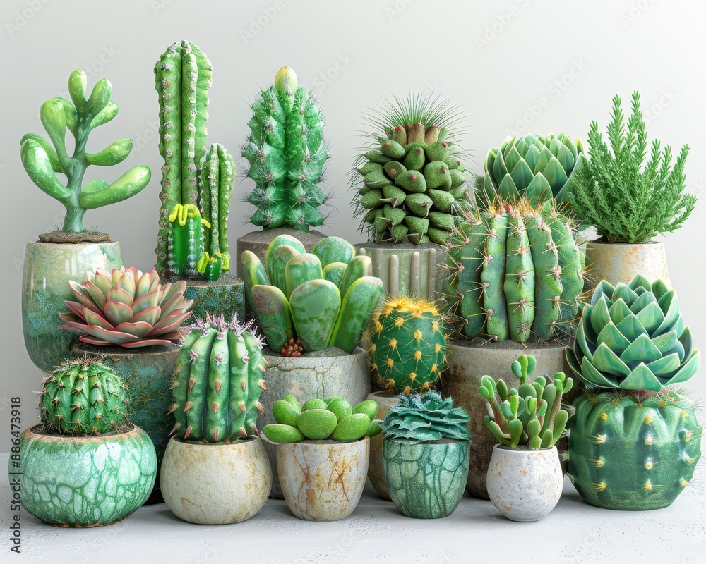 Serene Still Life: Collection of Diverse Cactus Plants on White Table Serene Still Life: Collection of Diverse Cactus Plants on White Table