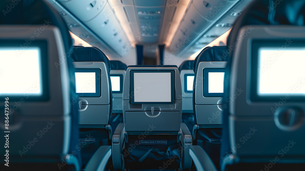 Airplane seats with blank LCD screen mockup device for entertainment to serve passenger on a plane trip Airplane seats with blank LCD screen mockup device for entertainment to serve passenger on a plane trip