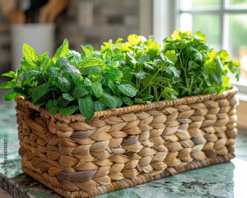 Fresh Herb Still Life in Woven Basket on Farmhouse Kitchen Countertop with Natural Light Streaming In Fresh Herb Still Life in Woven Basket on Farmhouse Kitchen Countertop with Natural Light Streaming In